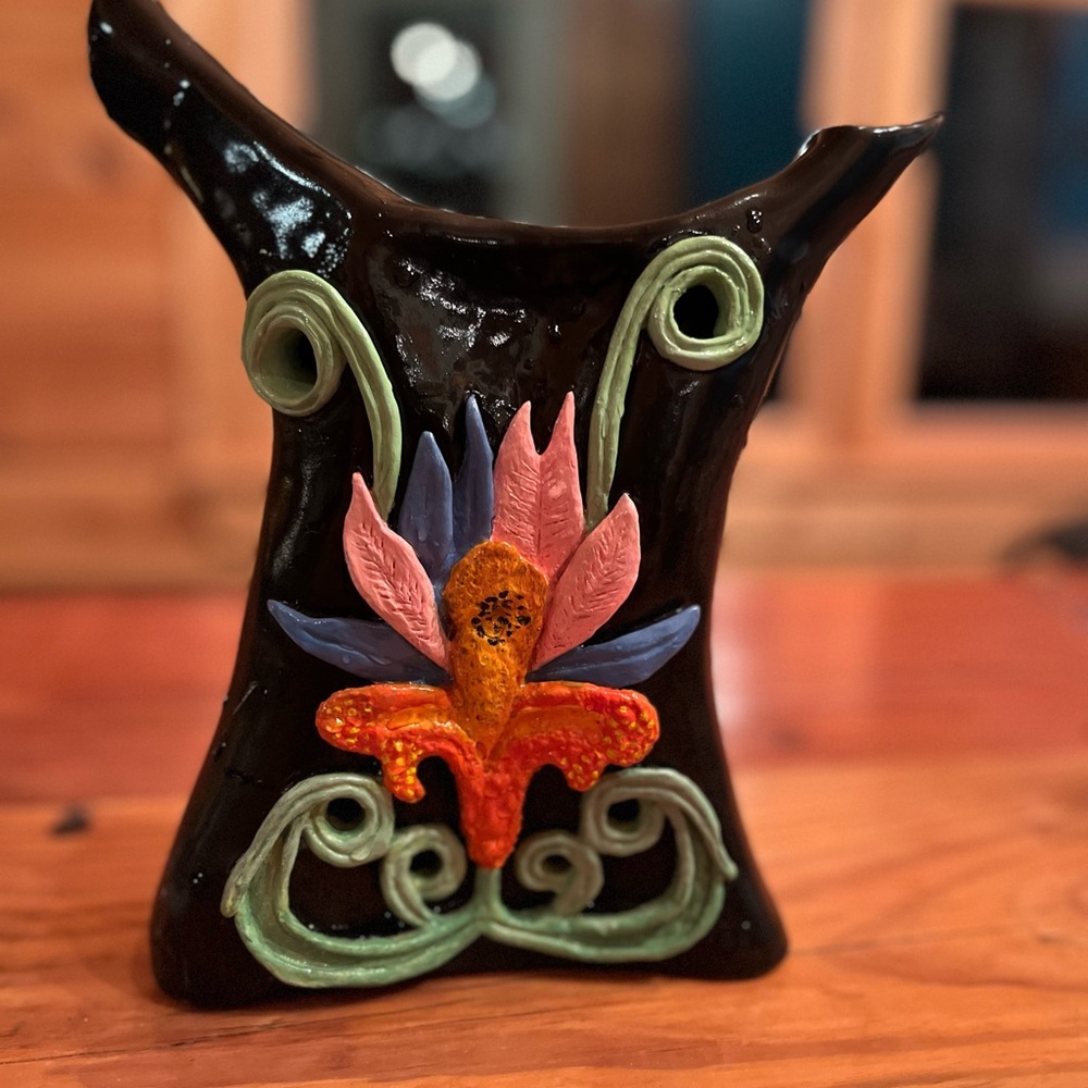 Studio Art Black Vase/sculpture Floral Bold Boho Handmade 3D Funky Fabulous